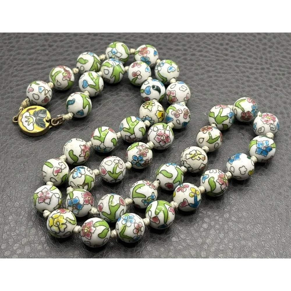 VIntage Cloisonné Enamel Floral Old Chinese Beads Enamel Clasp Necklace 24